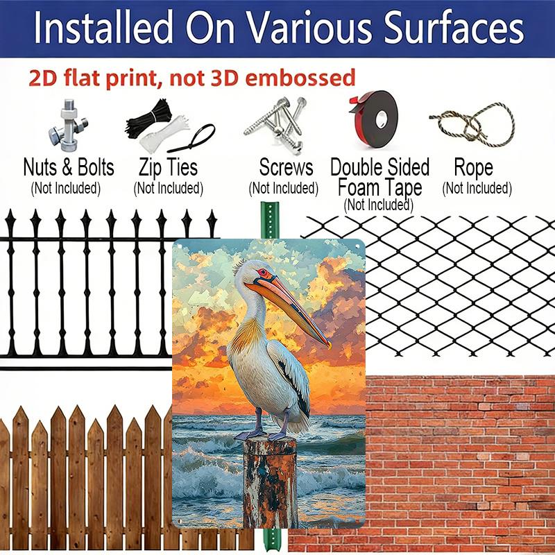 2D Flat, 1pc Vintage Pelican Aluminum Sign - 7.87*11.8 Inch Rustic Coastal Wall Art with Pre-Drilled Holes, Durable Aluminum Decor for Home, Cafe