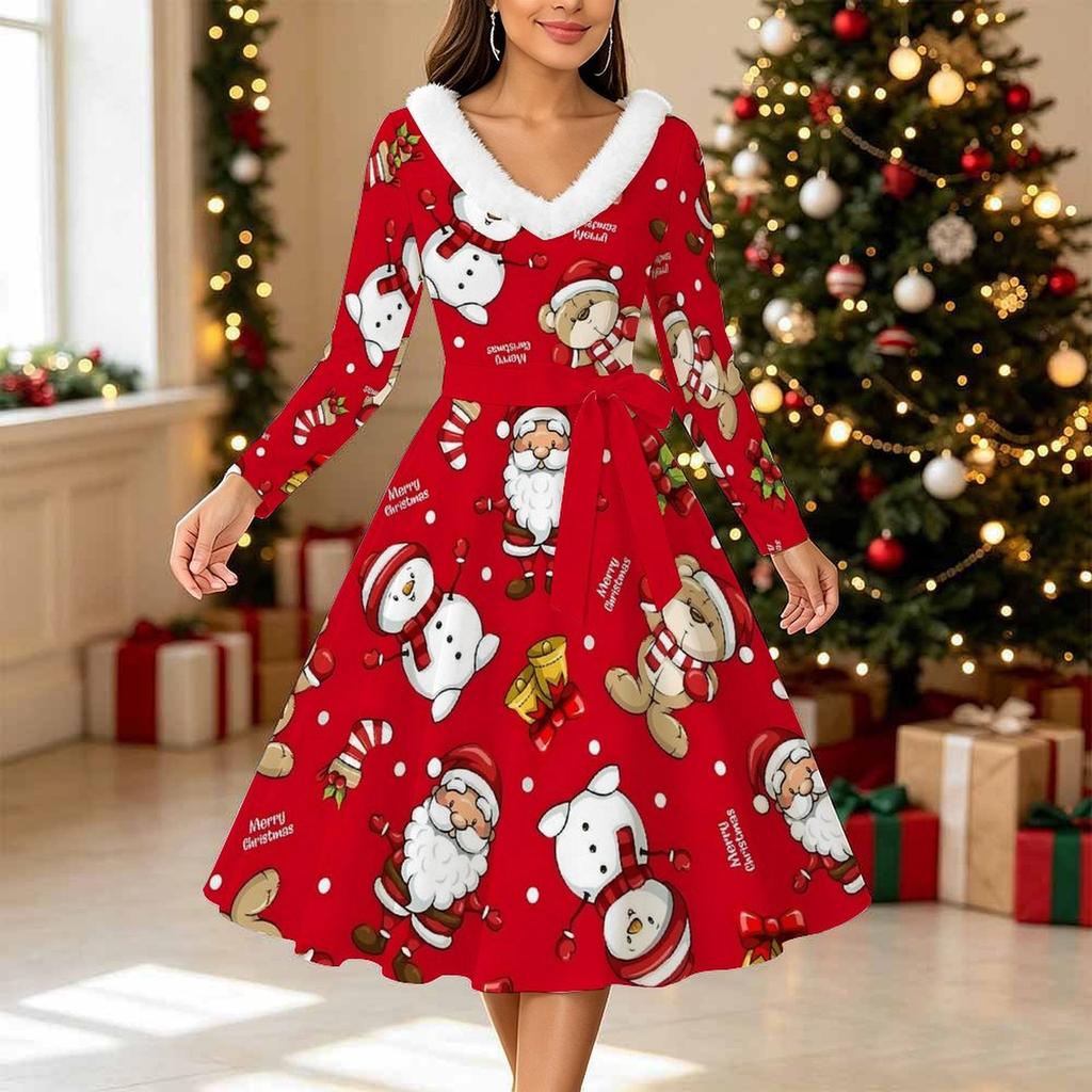 Women Christmas Tree Print Midi Dress, Long Sleeve V‑Neck Furry Trim A‑Line Party Dress, Christmas Limited Edition