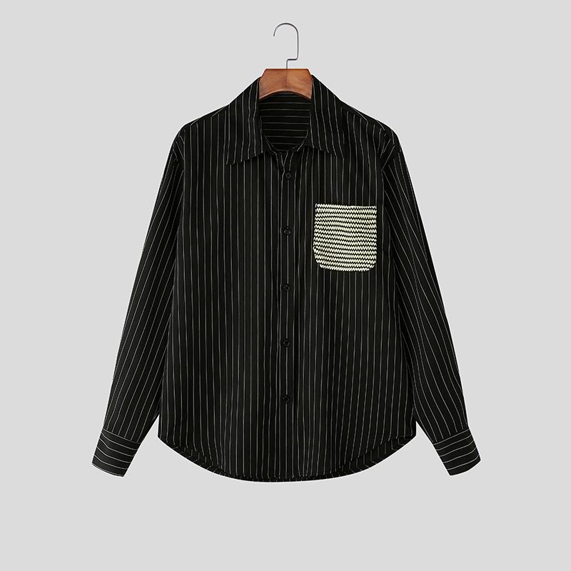 

INCERUN Men Lapel Neck Long Sleeve Striped Casual Loose Oversized Shirts Tops XL чёрный