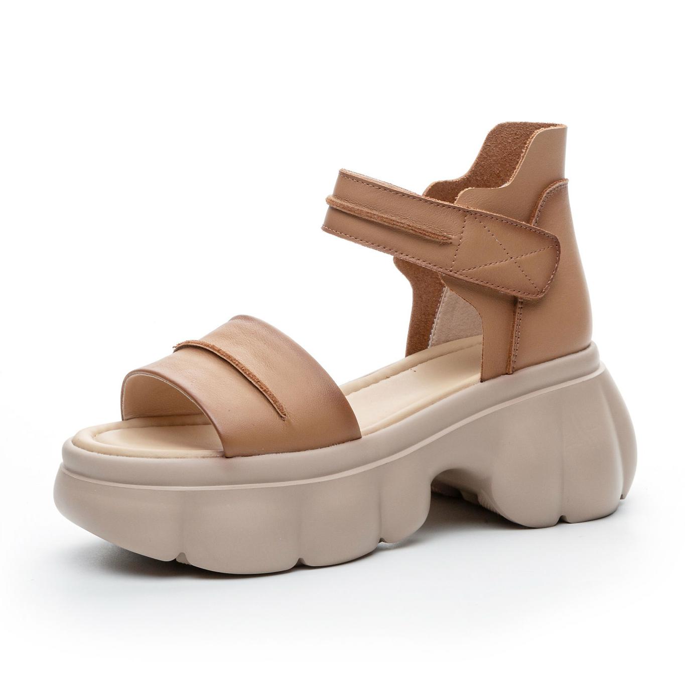

Fashion 7CM Genuine Leather Sandals Women 2025 Summer Cool Boots Open Toe Hook And Loop Thick High Heel Platform Casual Sandals Lady 35 светло-коричневого
