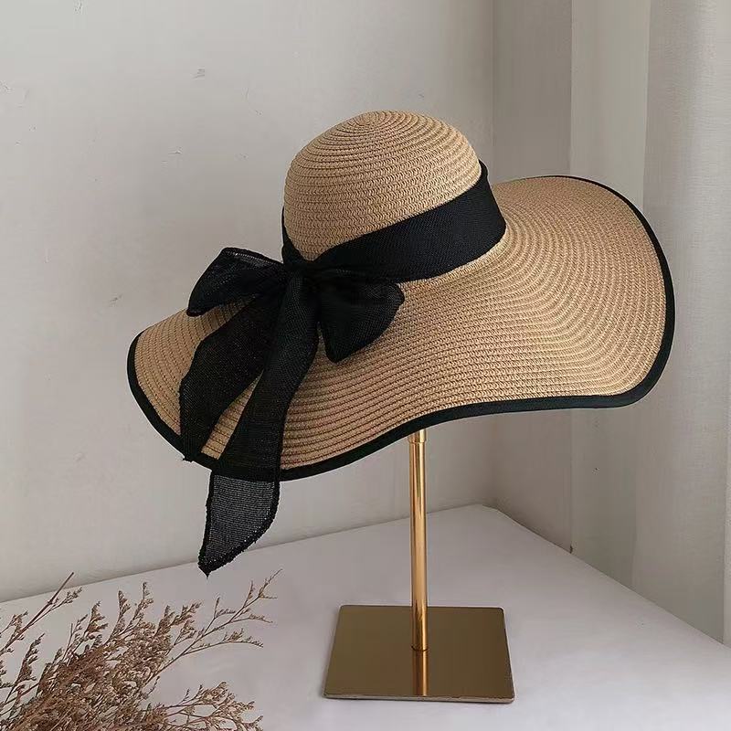 New bow lace straw hat women's summer seaside beach vacation sun hat large brim sun protection hat