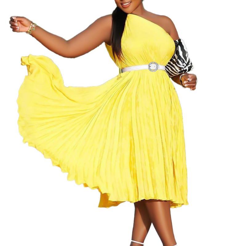 With belt women's clothing new fashion temperament slanted shoulder solid color pleated large skirt