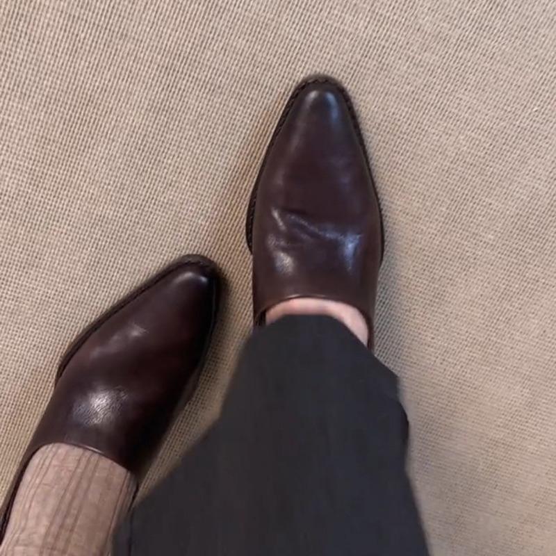 Sheepskin Version~ Retro Small Leather Shoes Women's One-pedal Loafers High-heeled Commuter Shoes Pointed Thick-heeled Single Shoes