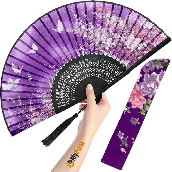 Hand Fan for Women Foldable - Folding Chinese Japanese Vintage Bamboo Silk Fan - Ideal for Hot Flashes, Church, EDM, Festivals, Dancing and Gifts