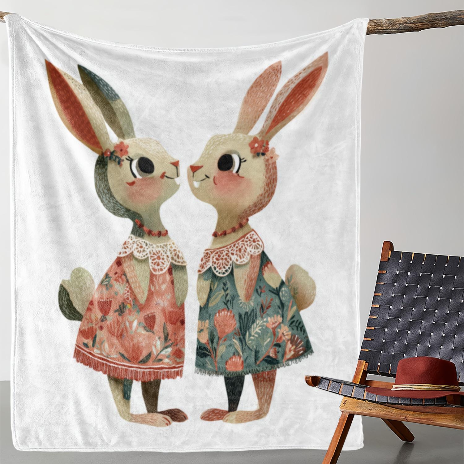 1pc Zeal Lily Flannel Blanket - Soft Warm Throw with Cute Bunny Rabbits in Floral Dresses, Pastel Floral Patterns Pink Orange 75x90cm28x35in