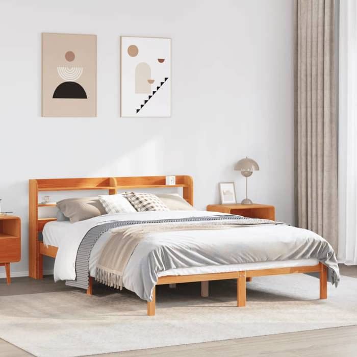 VidaXL Cadre de lit avec tête de lit cire marron 140x190cm bois de pin, lit, cadre de lit en bois massif, meuble de chambre 3306555