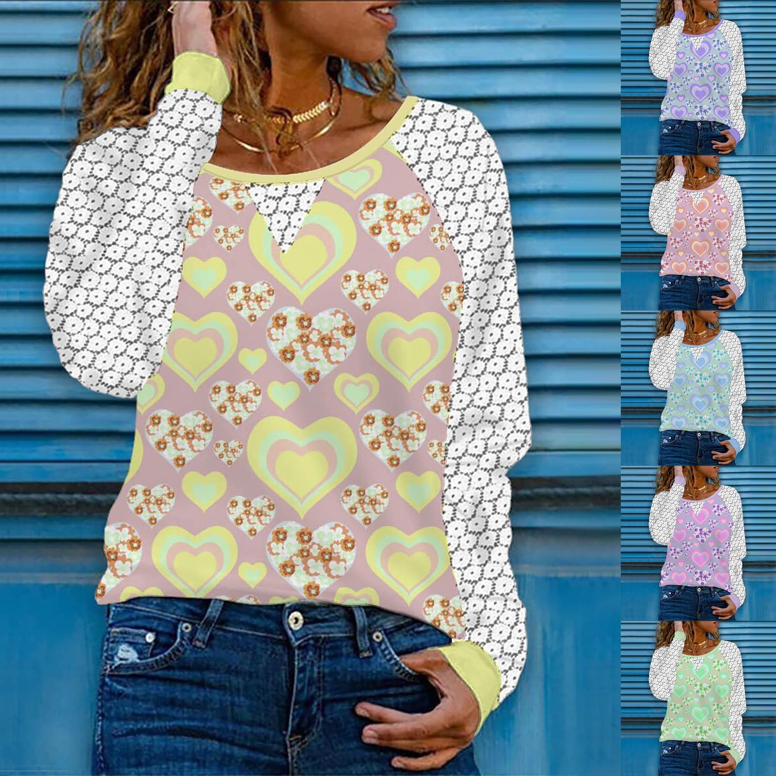 

Женская мода Повседневная кружевная толстовка с круглым вырезом и принтом сердца Футболка с длинным рукавом Топ