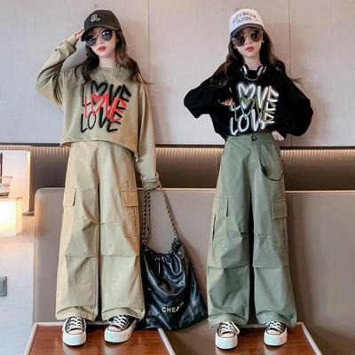 Girls' 2025 Autumn Street Style Cargo Pants Two-Piece Set for Big Kids