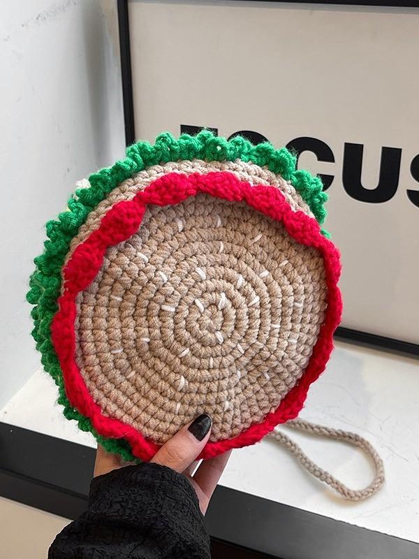 Knit Cute Hamburger Mini Shoulder Bag With Zipper Closure For Casual Travel