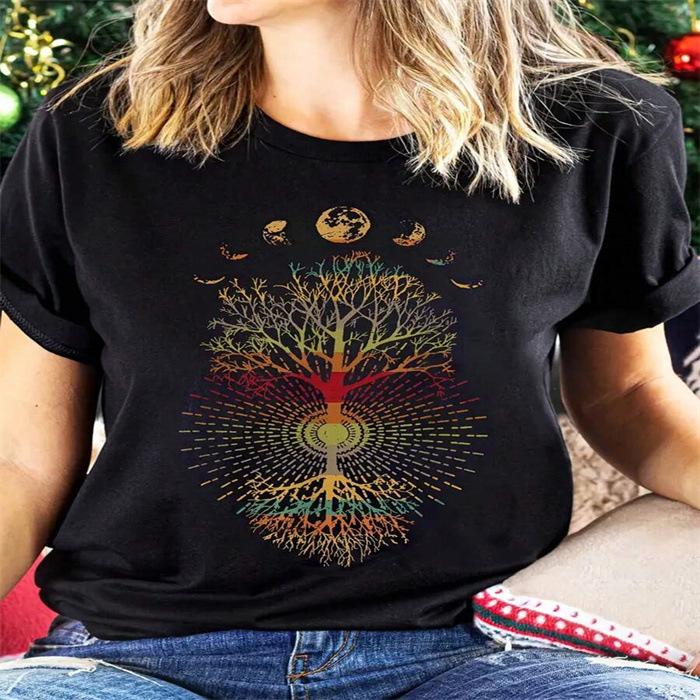 Maglietta estiva girocollo stampata, alla moda, casual, carina, a maniche corte, da donna, in puro cotone