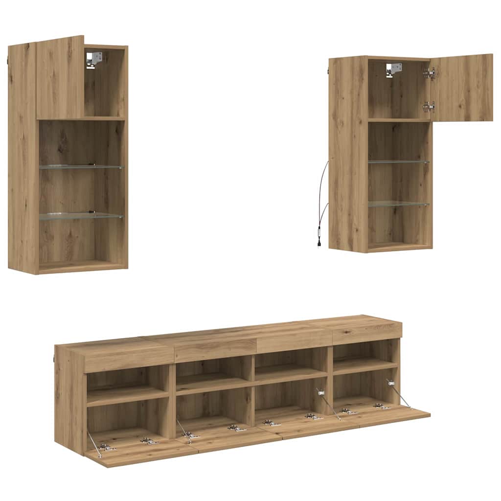Wall Mounted TV Unit with LED Lighting 5 pcs Artisan Oak Finish 40.5 x 30 x 90 cm