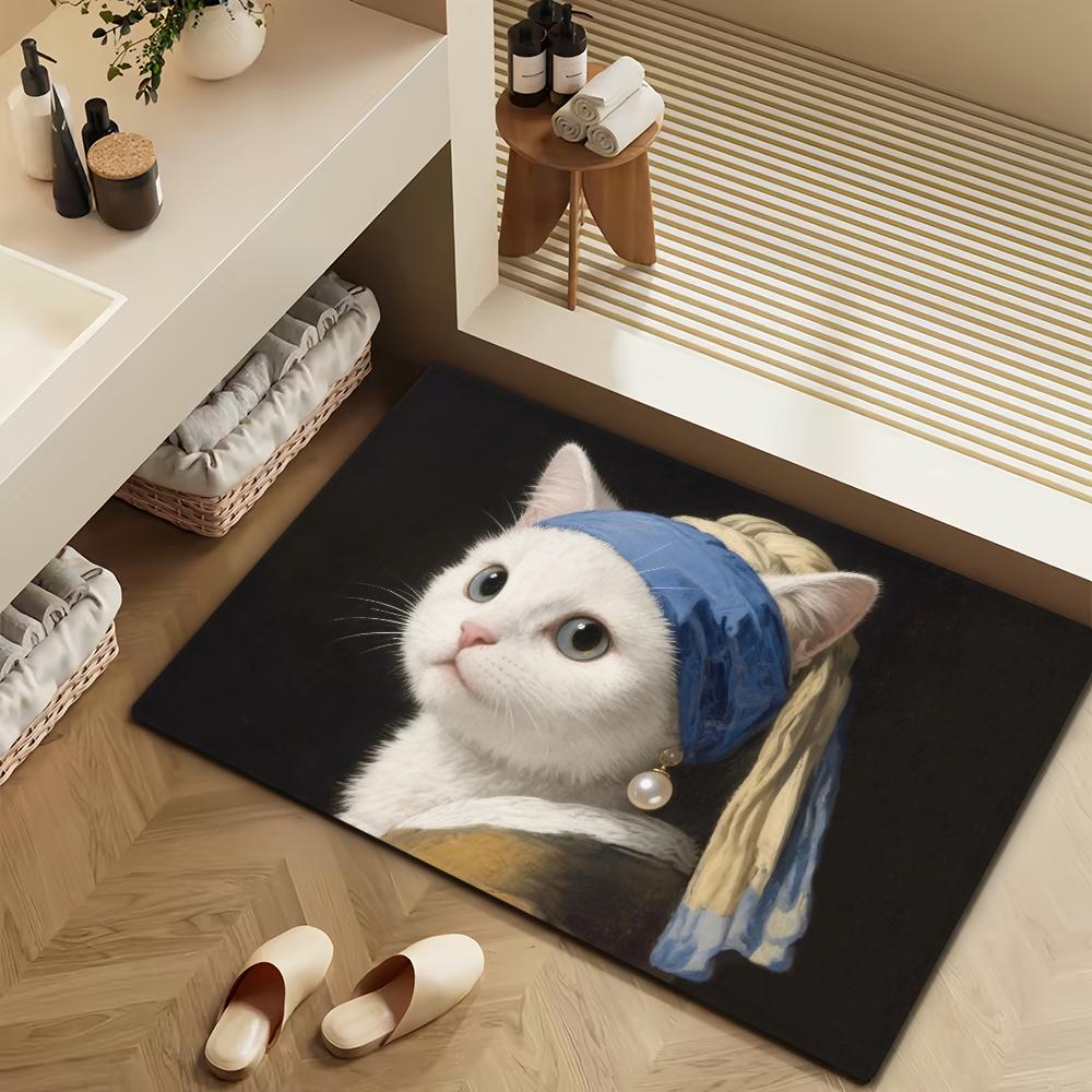 Girl with a Pearl Earring Cute Cat Microfiber Decorative Versatile Flannel Door Bath Floor Mat Quick Dry Absorbent Non-slip Sole