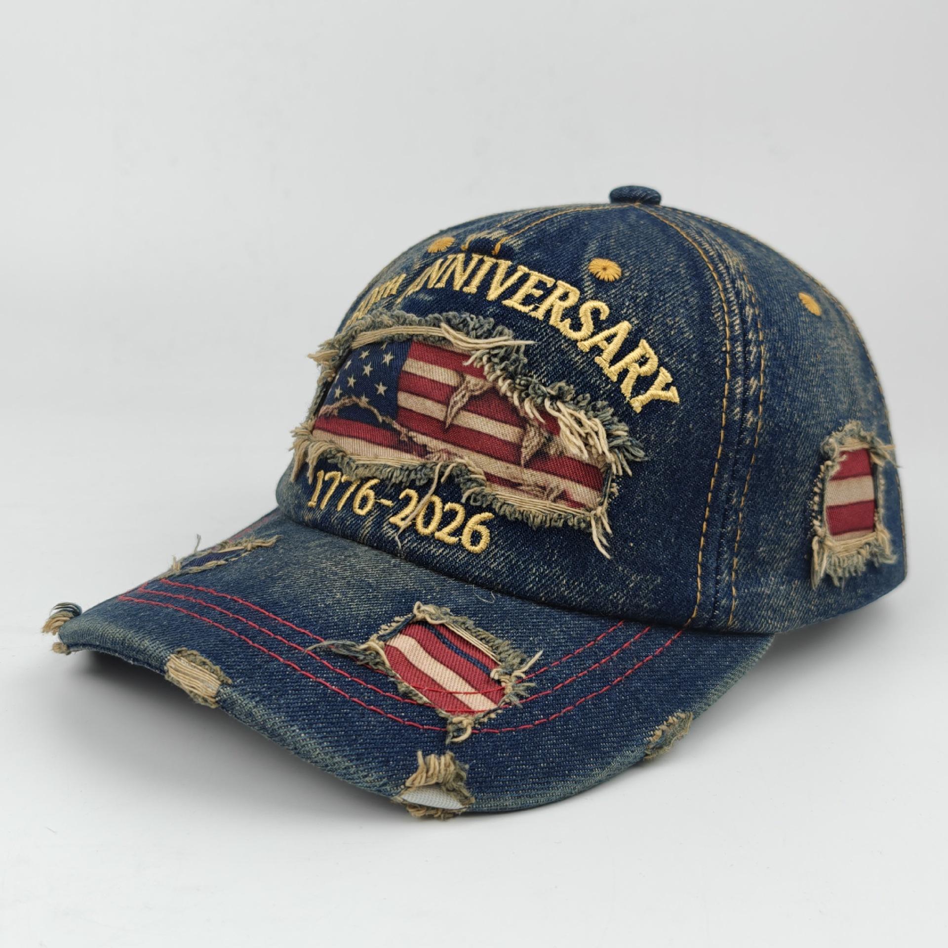 Anniversary USA Flag Distressed Baseball Cap, Vintage Washed Ripped Patriotic Dad Hat for Men Women, Retro American Flag Trucker Hat for 4th of July L
