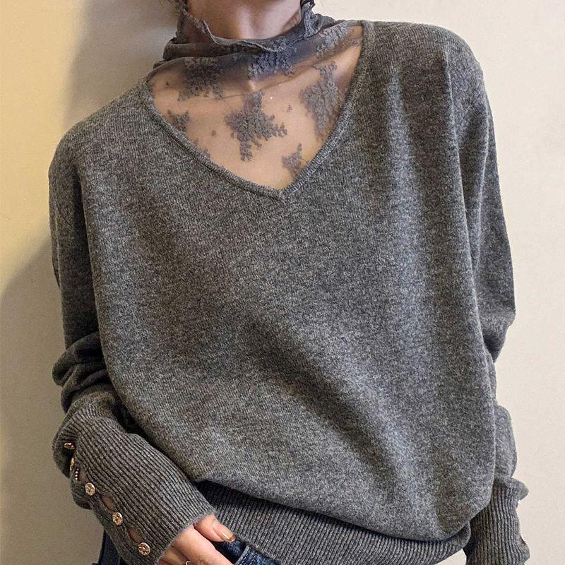 Plus Size Thermal Fleece Lace Mesh Two-Piece Women's Autumn Winter Slimming Top