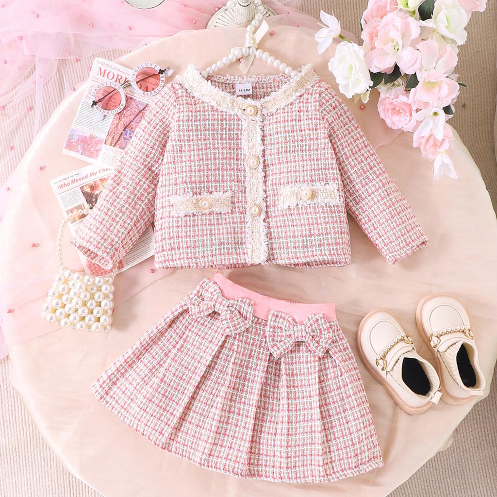 Girls Fashion Set Spring and Autumn Children's Casual Knitted Long Sleeve Breasted Coat Bow Skirt Two-piece Set
