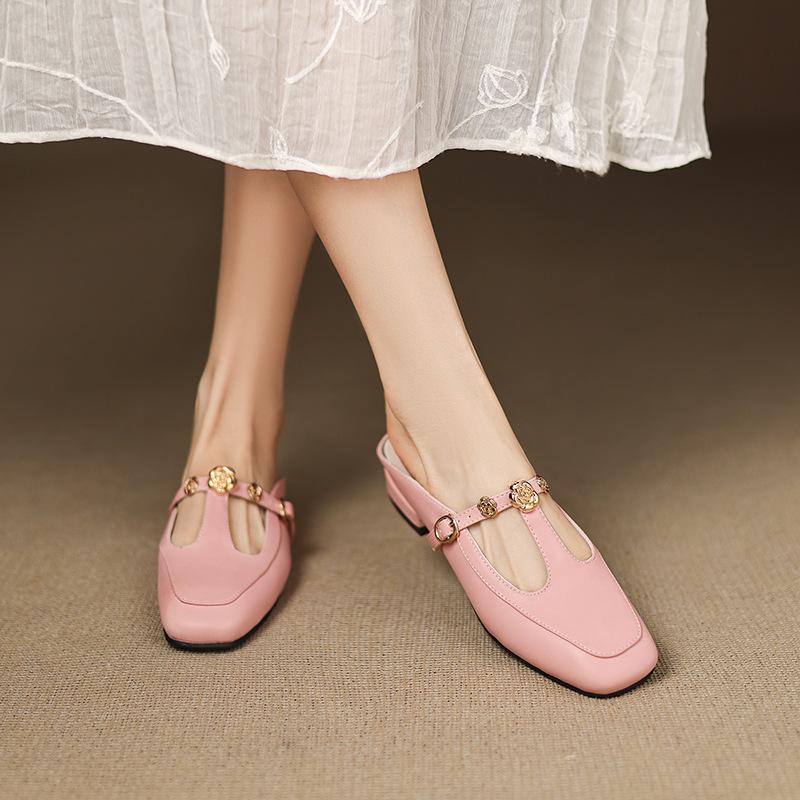 Fashion Slippers Women Summer Shoes Low Cover Toe Rivet Slides PU Rubber Rome Hoof Heels Fabric Shoes Low Ladies' Slippers Cover Toe Riv