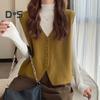 Jesień Zima Damska Kamizelka Dekolt w Serek Zapinana Na Guziki Jednolity Kolor Luźna Dzianina Gruba Utrzymuje Ciepło Bez Rękawów Luźny Sweter Top