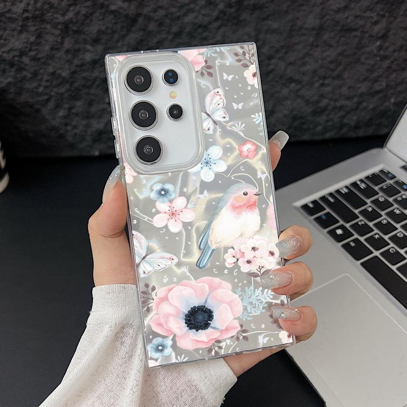 Red Floral Pattern Feather Sparkling Hard PC Slim Phone Case For Samsung S25 Ultra S24 FE S23 A36 A56 A16 A55 Glitter Shockproof TPU Soft Edge Cover
