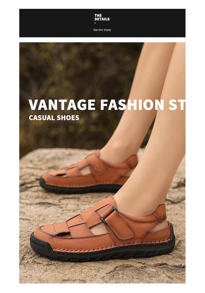 Men's Hand-Stitched Cowhide Leather Sandals with Soft Sole, Large Size Beach Shoes