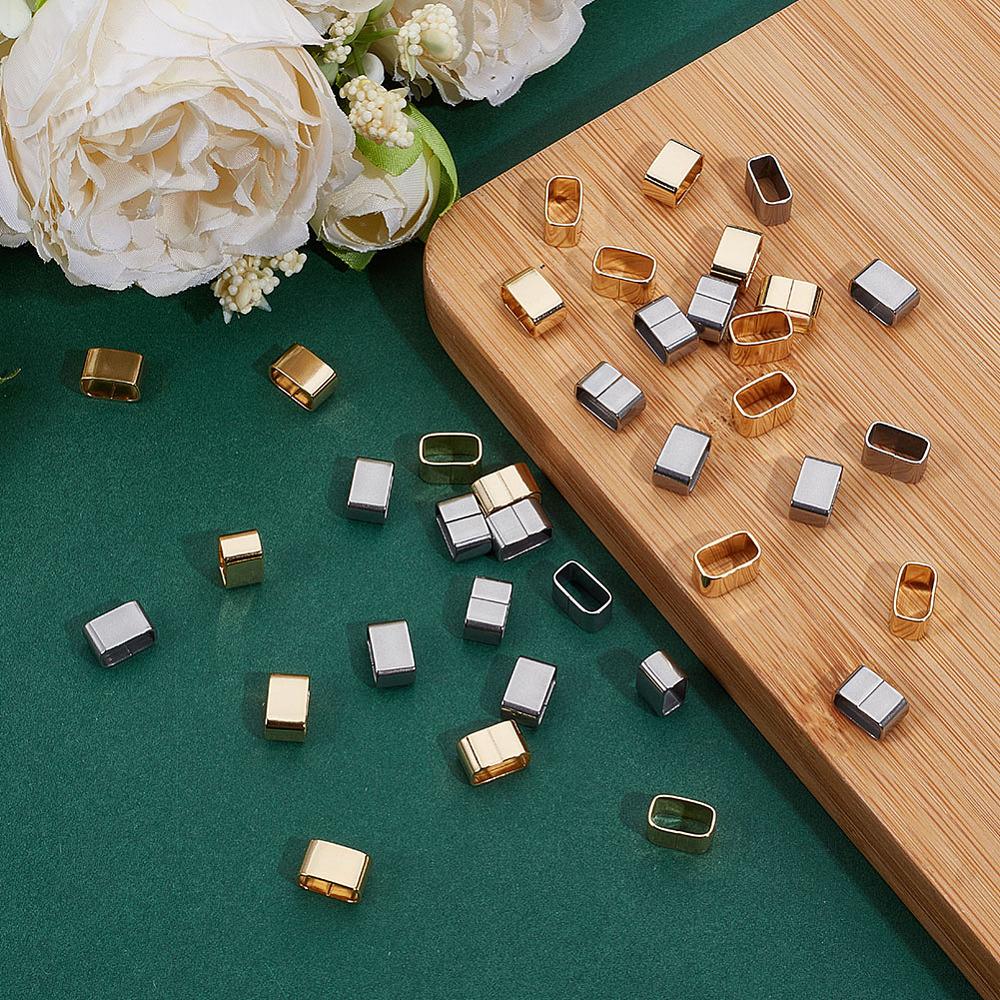 1set 40Pcs 2 Colors 201 Stainless Steel Slide Charms For Leather Cord Bracelets Making Rectangle Golden & Stainless Steel Color 10x6x5.5mm