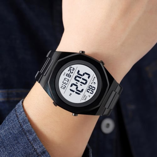 Zolohoni Men's Stainless Steel Digital Watch, Hexagonal Designer Watch with Alarm, Date Display, and Illumination, Waterproof, Black and White