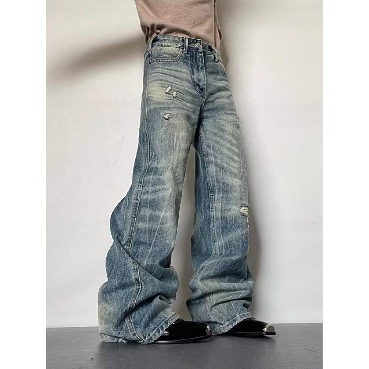 Autumn And Winter New American High Street Washed Light Colored Jeans For Men And Women Straight Leg Slightly Flared Loose Wide Leg Pants