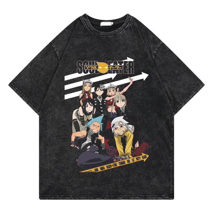 Anime Soul Eater Shirt Herren Atmungsaktiv Druck Polyester Kurzarm Vintage Gewaschenes T-Shirt Mode Harajuku Locker Y2k T-Shirts Oberteile