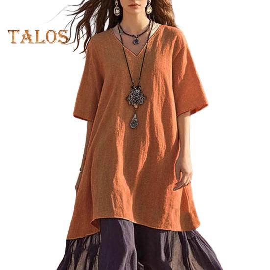 Women's Boho Patchwork Loose Dress Casual V-Neck Short Sleeve Swing Dress Summer Beach Vacation Sundress