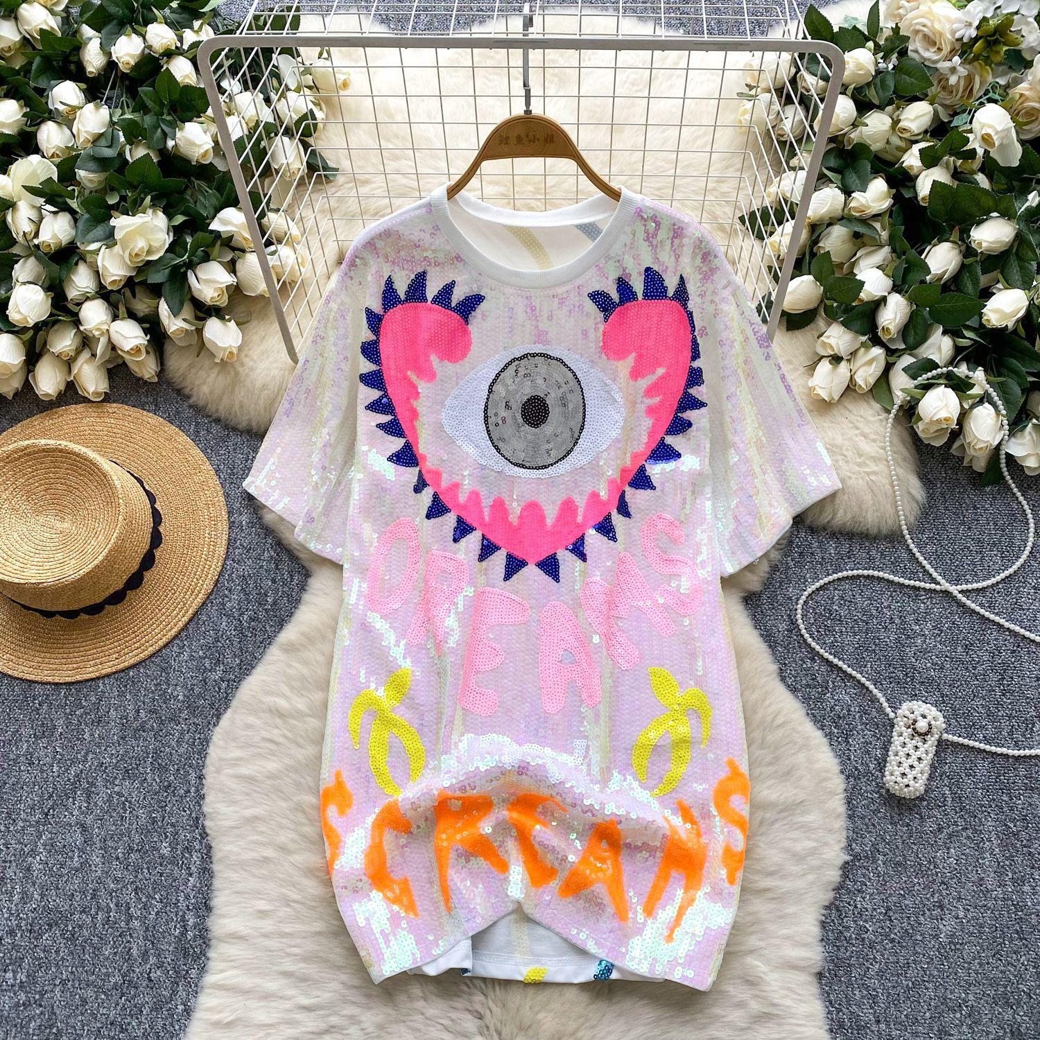 

Платье с коротким рукавом и буквами, женское летнее свободное, с пайетками в стиле тяжелой промышленности, уличная красотка, короткая юбка one size белый