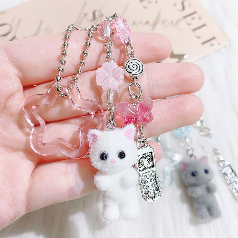 Creative Cute Flocked Kitten Strawberry Pendant Keychain Sweet Animal Keyring Backpack Decoration Accessories Best Friend Gifts