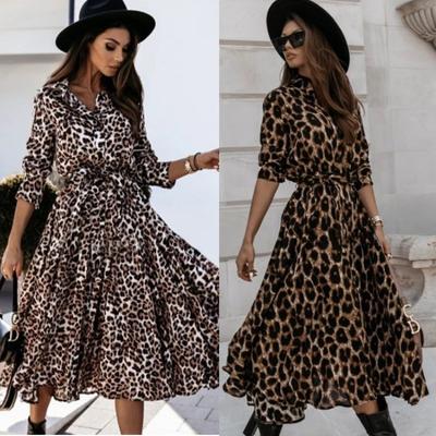 Women's Leopard Print Dress Spring Long Sleeve Lapel Lace-up Button Up Loose Casual Sexy Dress Women Summer Elegant A Line Office Ladies Long Dresses