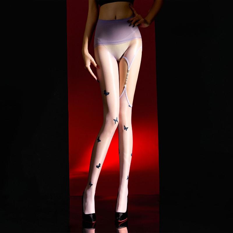 Women Sexy Pantyhose Aurora Butterfly Hollow Drill Chain Sockings Oil Shiny Seamless Crotch Ultra-Thin Stockings Hollow Lingerie