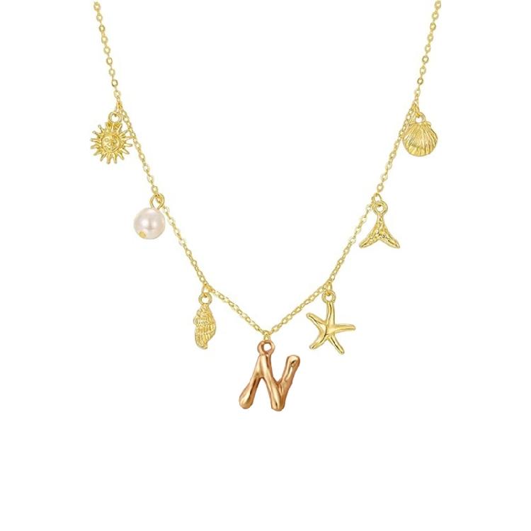 Ocean Theme Gold Charm Necklace with Initial Shells Letter Pendant Suitable for Surfer Girls and Beach Enthusiasts