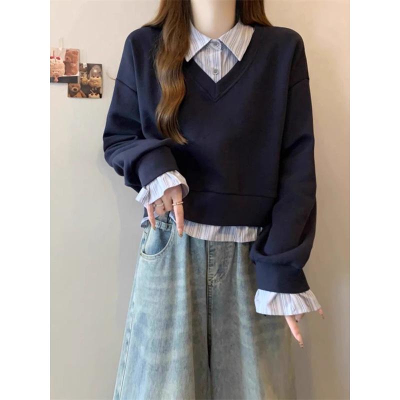 Camisa de Rayas con Cuello Polo Sudadera de Manga Larga Azul Marino para Mujer Tops de Dos Piezas Otoño Invierno