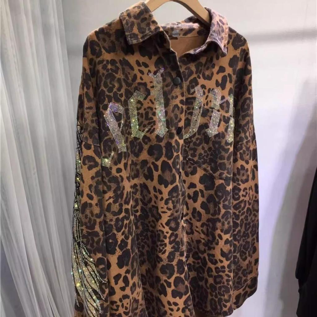 Extra Large Leopard Print Diamond Wing Jacket - Mid-Length, Loose Fit for Plus Size Women (200-300 Lbs)