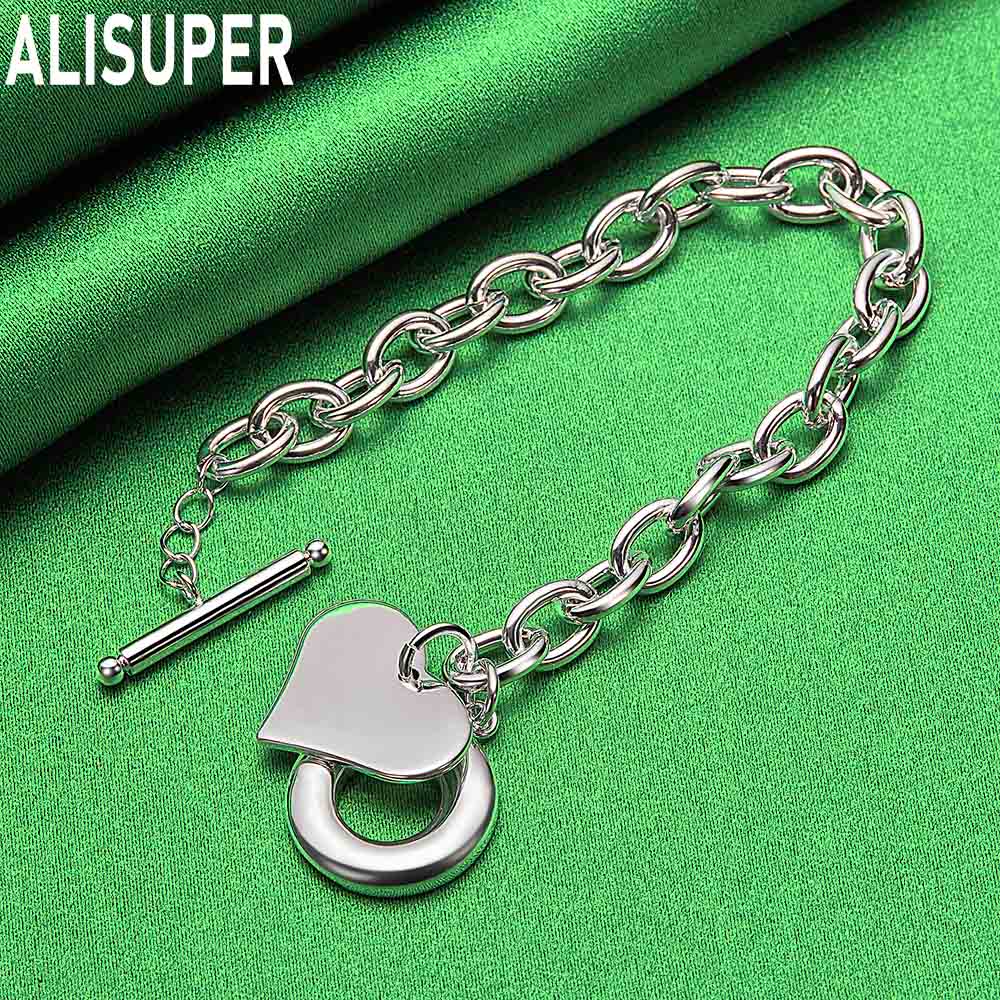 925 Sterling Silver Simple Heart Side Chain Beautiful Bracelet Gift Jewelry