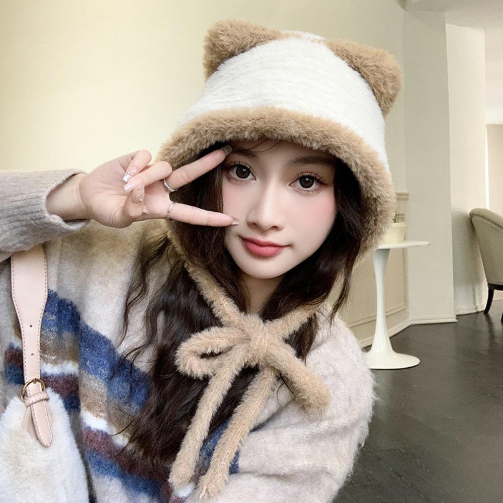 Plush Faux Fur Bucket Hat Korean Style Women Fluffy Hats Fashion Cute Cat Ear Hat  Girls
