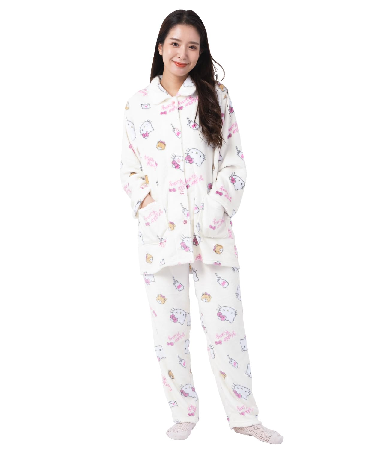 

Hello Kitty Shirt Pajamas Flannel Long Sleeve Long Pants Top and Bottom Set Room Wear Pink Ribbon Hello Kitty [SAZAC] Women s (Ivory/L/SAN1746)