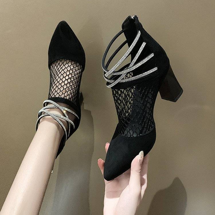 Rhinestones Black Mesh Hollow High Heels Pointed Toe Sandals for Women Casual Sales Chic and Elegant Low Price Korea Woman Shoes