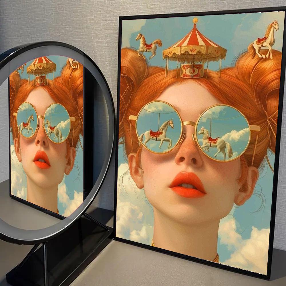 Nordic Bohemian Glasses Woman with Flowers Canvas Poster Bird Woman Portrait Wall Art Prints for Living Room Bedroom Home Decor
