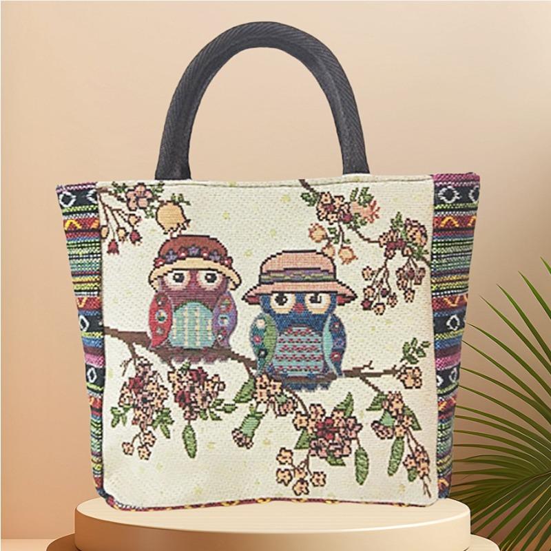 Canvas bag, women's large-capacity double-sided embroidered animal handbag, mommy bag, go shopping, handbag