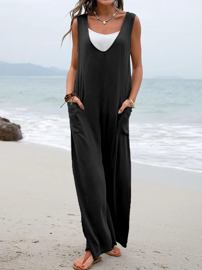 Spring/Summer 2025 Solid Color V-Neck Wide-Leg Jumpsuit with Patch Pockets