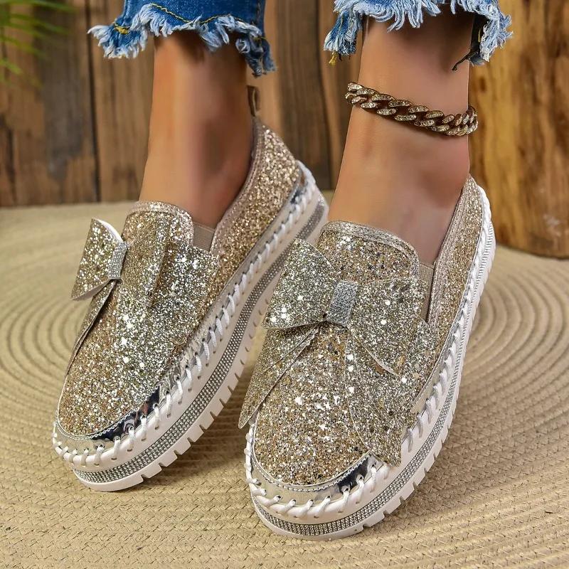 2024 New Versatile Women's Shoes Solid Color Bow Decorated with Rhinestones Round Toe Thick Sole Shallow Mouth Women's Shoes