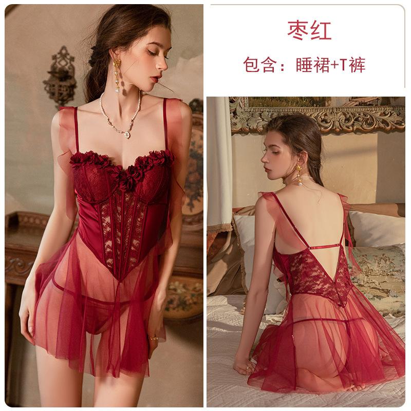 Sex Underwear Sexy Low Chest Plus Chest Pad Perspective Mesh Lace Corset Backless Nightdress Set A
