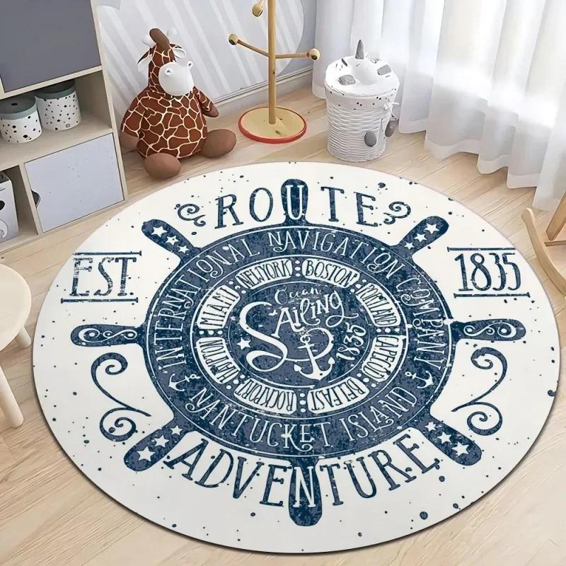 Nautical Style Round Area Rug – Printed Soft Plush Carpet for Living Room or Bedroom – Non-Slip, Machine-Washable Floor Mat