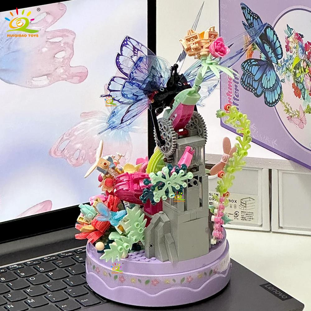 Non-Toxic 630Pcs Moc Butterfly Music Box Model Building Block Flower Brick Construction Toy For Children Desk Home Decoration