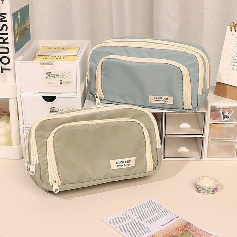Fashion Large Capacity Pencil Bag Multi-layer Solid Color Pen Pouch Stationery Storage Bag Back To School