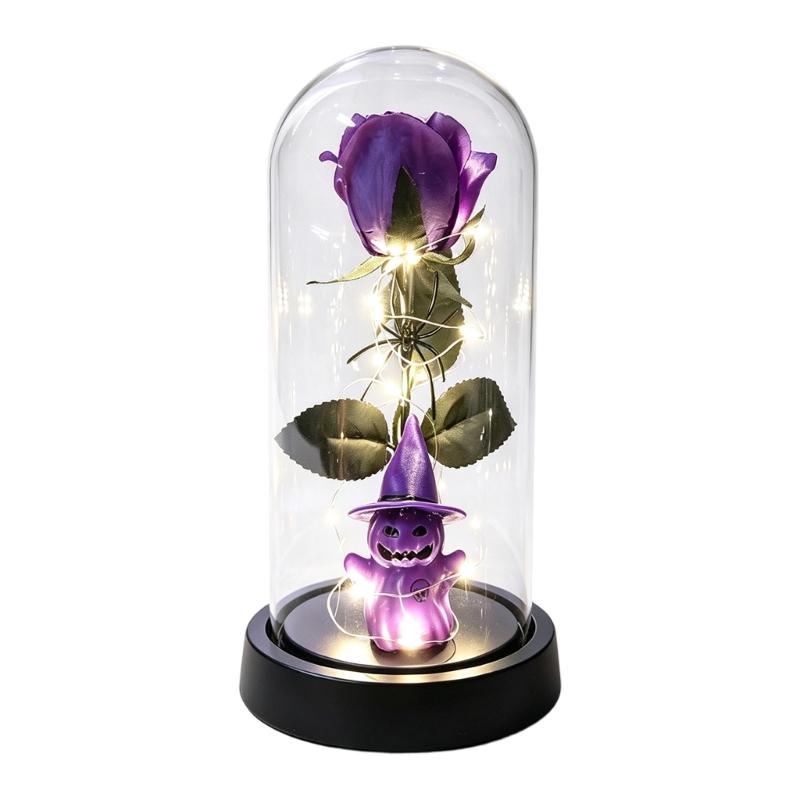 Halloween Rose Accent Light, Cloche Glass Cover with Warm String Lights for Window Ledges and Entry Tables at 