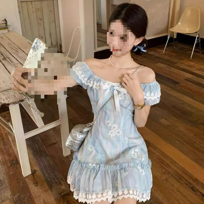 Summer new sweet and cute girlish blue small flying sleeves floral dress women's small waist princess dress