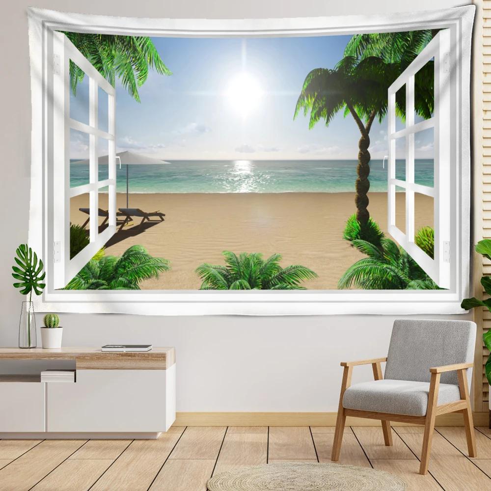 Coconut Tree Beach Scenic Tapestry Wall Hanging Bohemian Imitation Window Natural Art  Hippie Bedroom Living Room Home Decor